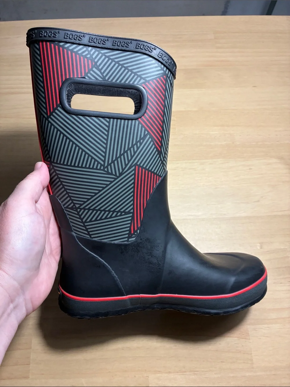 Bogs Geo Waterproof Rain Boots Black Red Gray Youth 4 US